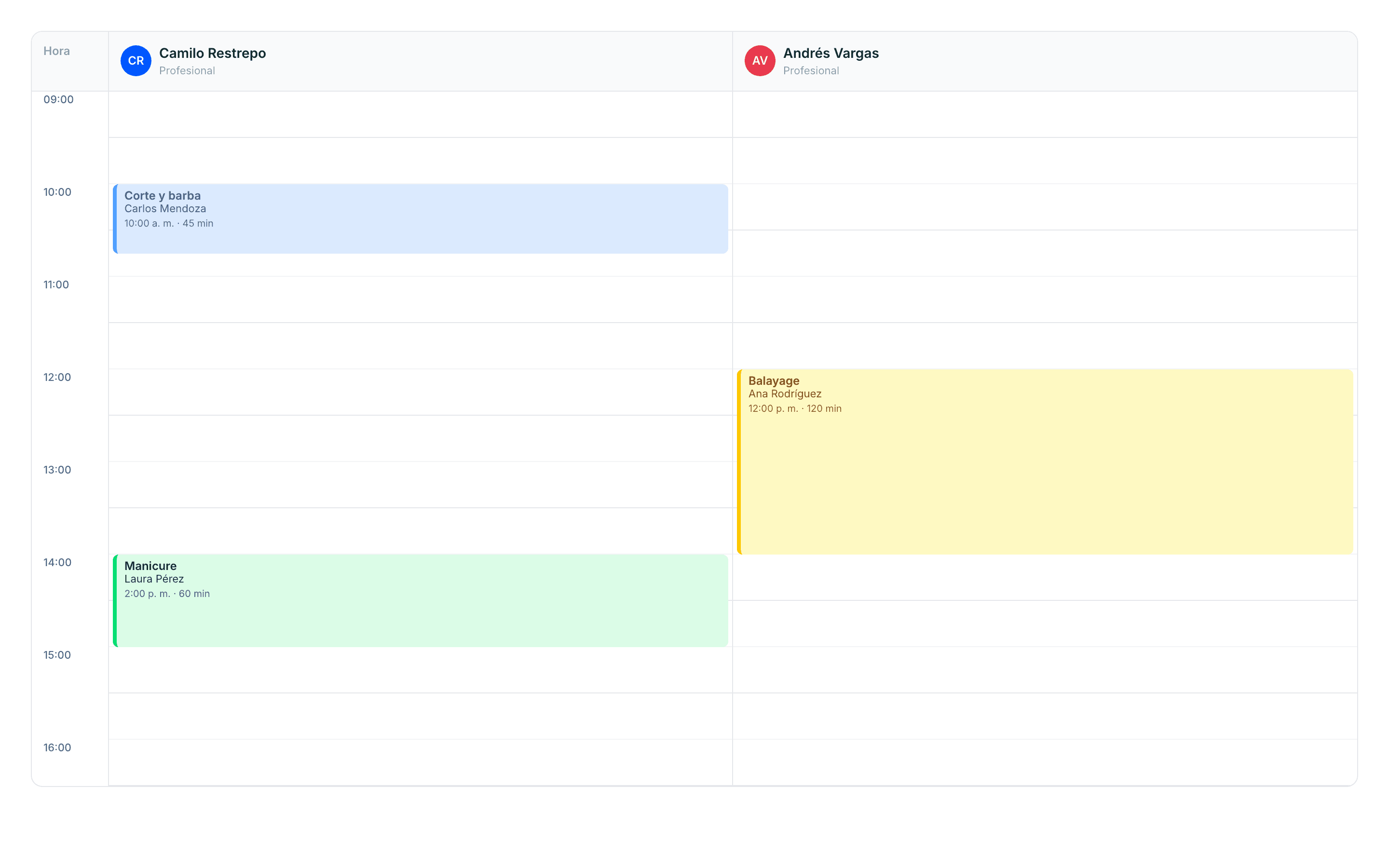 Calendario con dos profesionales y citas del día.