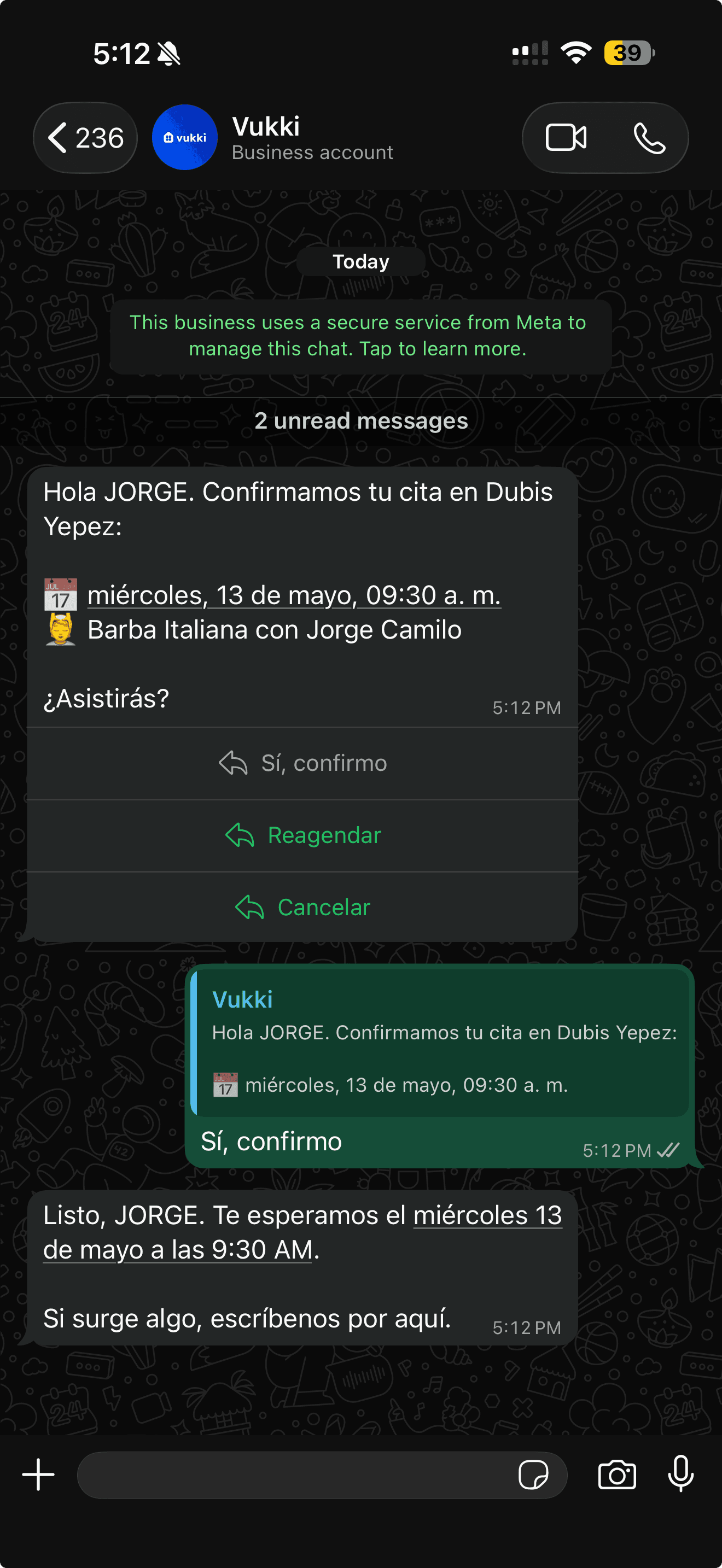 Conversación de WhatsApp confirmando una cita.
